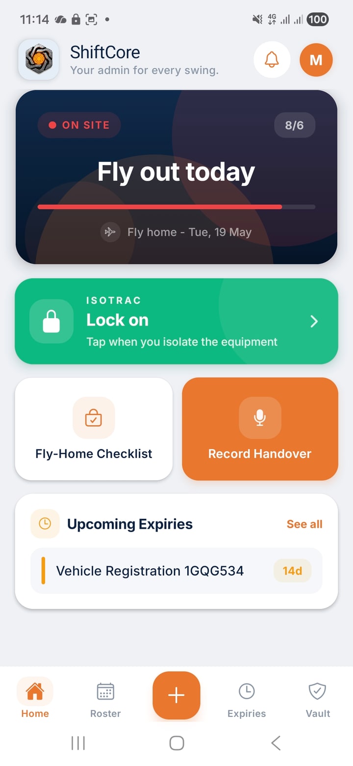 ShiftCore home screen with the green Isotrac Lock On card and Fly out today hero.