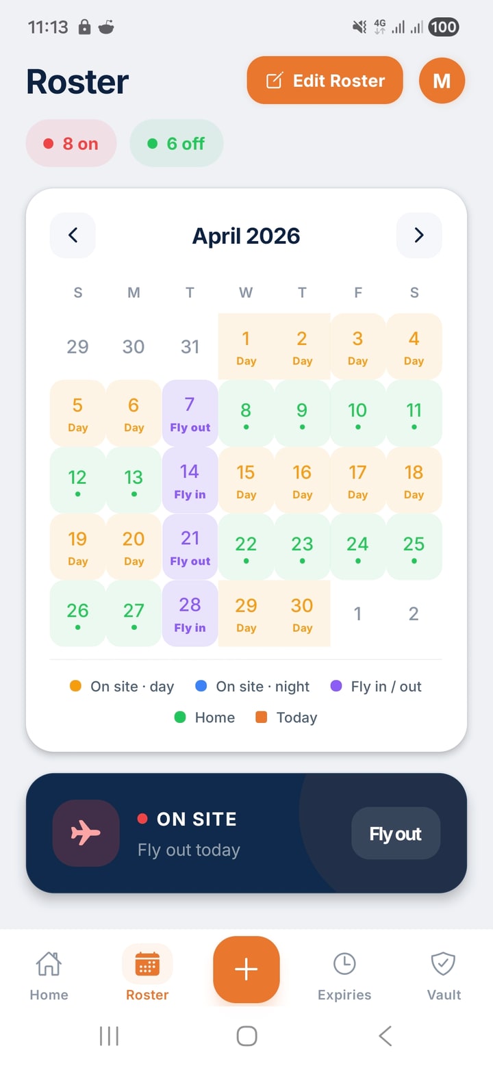 ShiftCore Roster tab, April month view, day and night shifts colour-coded with fly days marked.