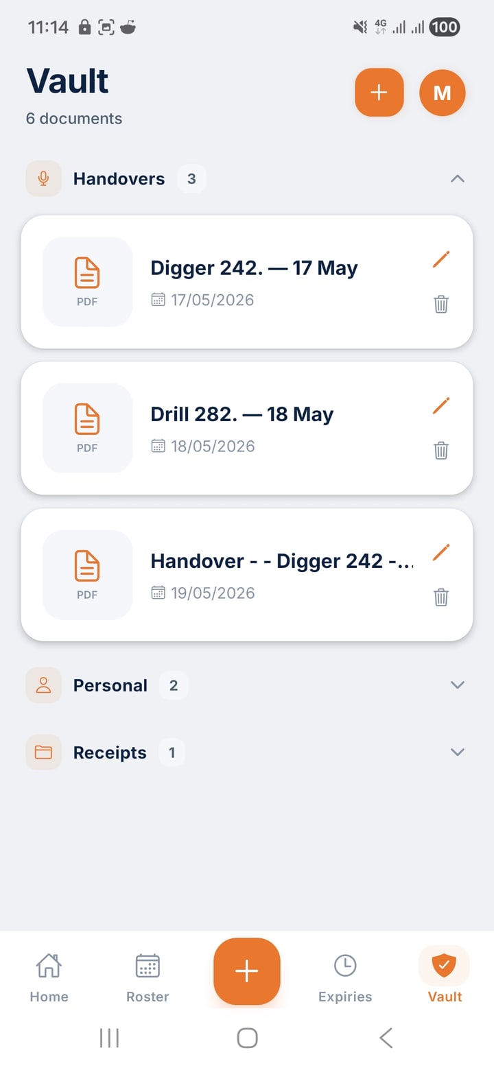 ShiftCore Vault tab, Handovers folder open with three PDFs, plus Personal and Receipts folders.