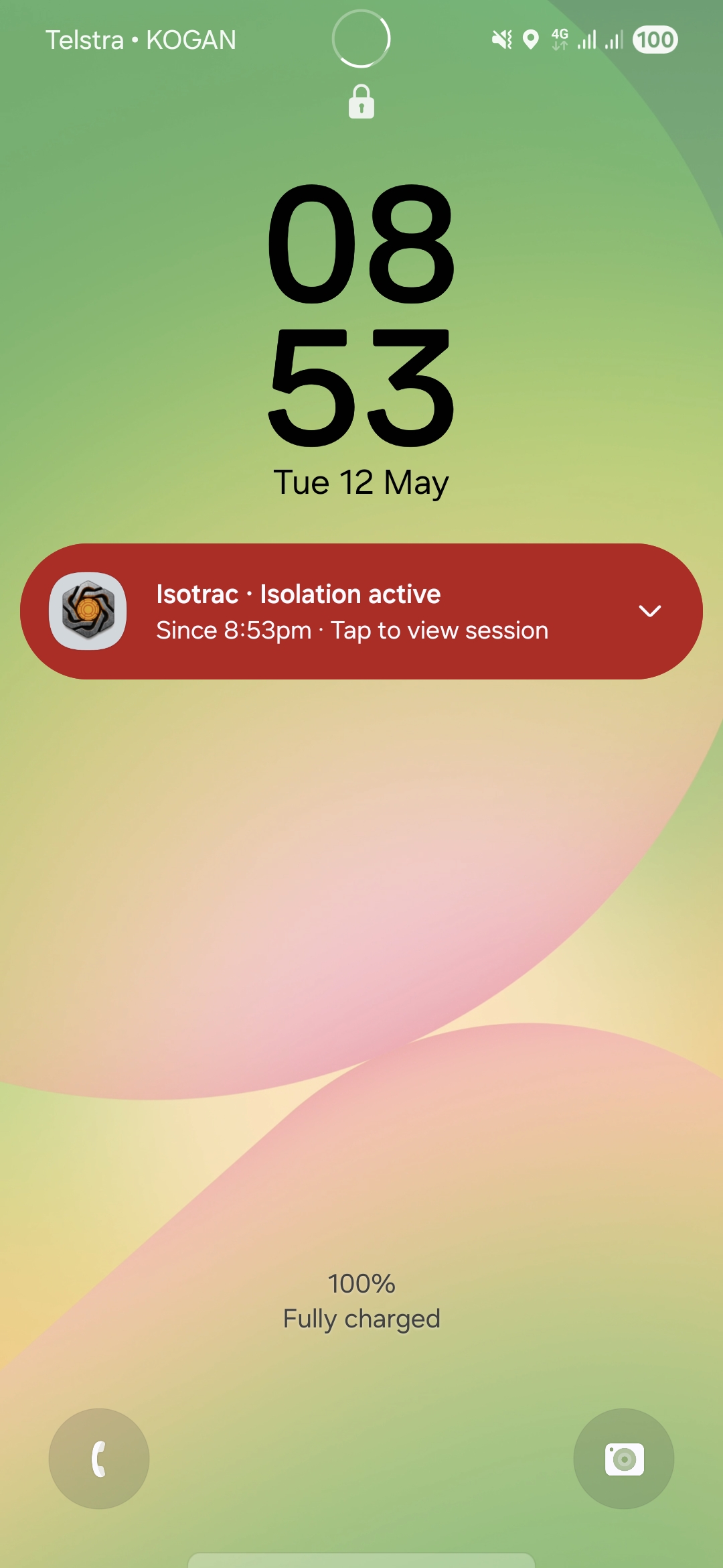 ShiftCore Isotrac notification card, red: Isotrac · Isolation active · Since 11:10pm