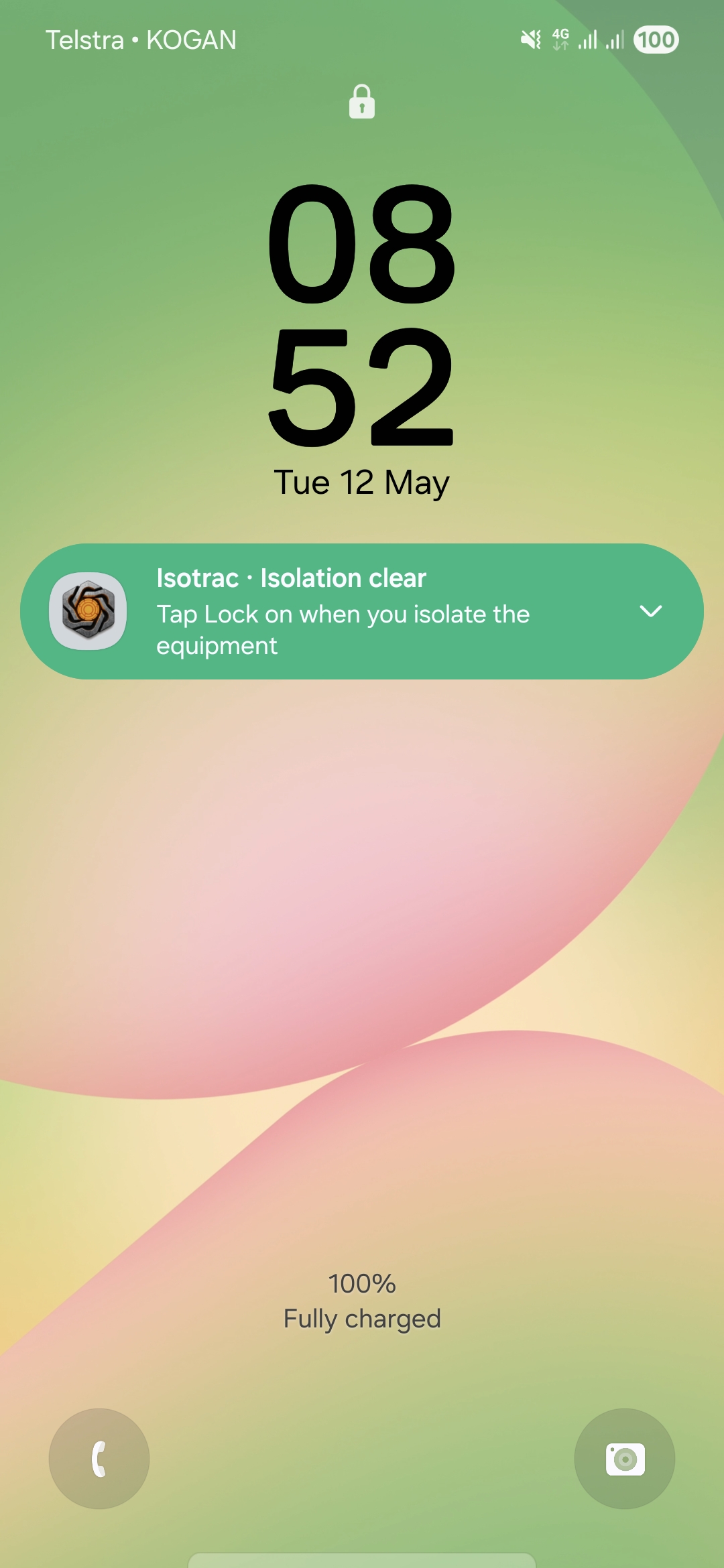ShiftCore Isotrac notification card, green: Isotrac · Isolation clear · Tap Lock on when you isolate the equipment