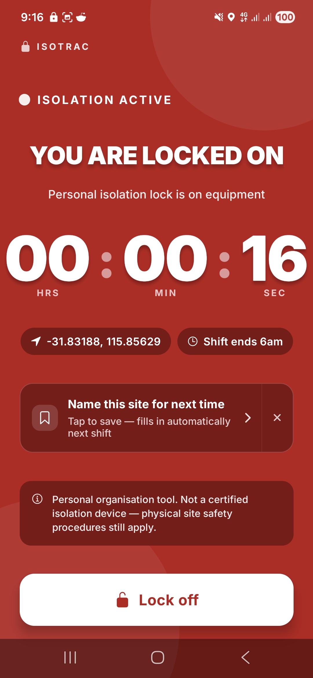 In-app Isotrac red screen, ISOLATION ACTIVE, YOU ARE LOCKED ON, timer running